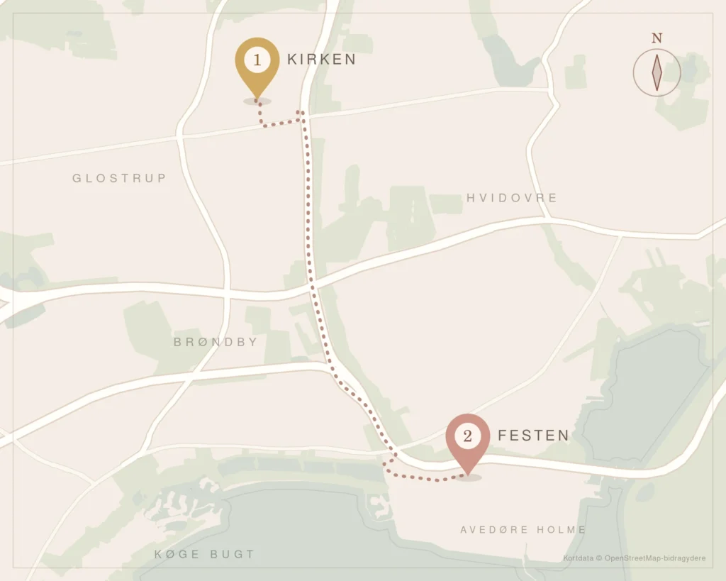 Kort over ruten fra Østervangkirken i Glostrup (1) til festlokalet på Stamholmen i Hvidovre (2)